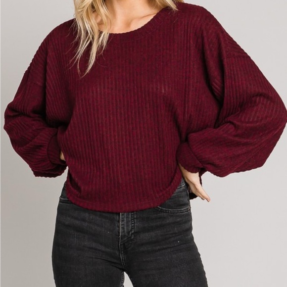 Wine Red Oversized Rib Knit Sweater Top – Cozy Soft Balloon Sleeve (NIP) - Picture 2 of 9